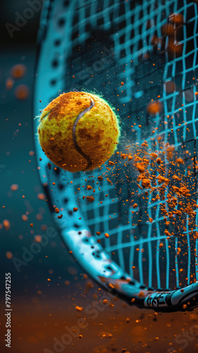 Raqueta de tenis golpeando una pelota amarilla, manchada de arcilla, cancha de tierra batida, visto de cerca, partículas de polvo saltando por el aire, sacudidas por el rebote, partido, Match Point  photo