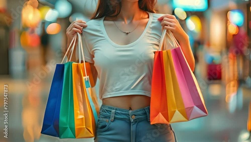 Close-up hand Woman in white t-shirt holding colorful shopping bags in shopping center. photo