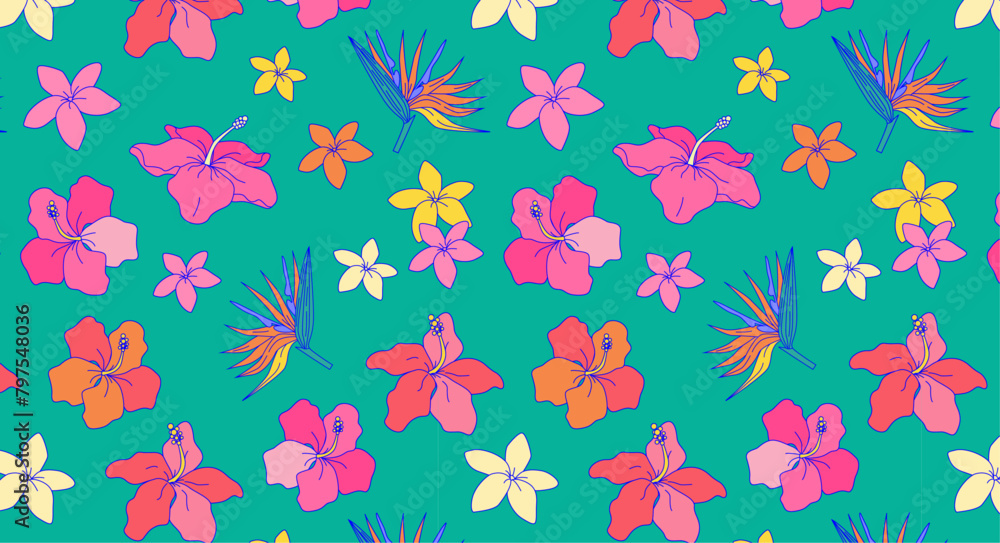 Colourful flowers pattern on peal background. Exotic plants backdrop. Design for textile, wallpaper, summer fashion. Botanical and jungle concept. Colourful flowers pattern on peal background. Exotic plants backdrop. Design for textile, wallpaper, summer fashion. Botanical and jungle concept.