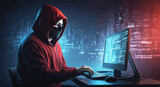 A hacker at work wearing a red hooded sweatshirt.