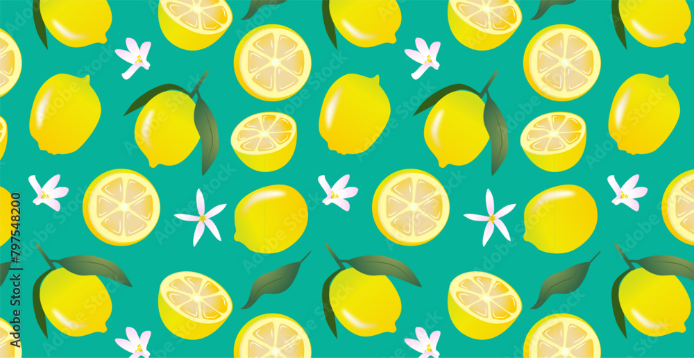 Lemons with flowers and leaves seamless pattern on peal background. Citrus fruit and floral design for textile, wallpaper, and print. Freshness and summer concept.