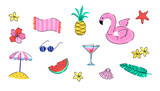 Summer vacation icons set with flamingo float, fruits, and beach accessories on a white background. Summer holiday and travel vector illustration set. 