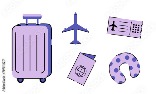 Travel and tourism icon set with purple luggage, airplane, boarding pass, and neck pillow on a white background. Travel essentials concept for design and print.