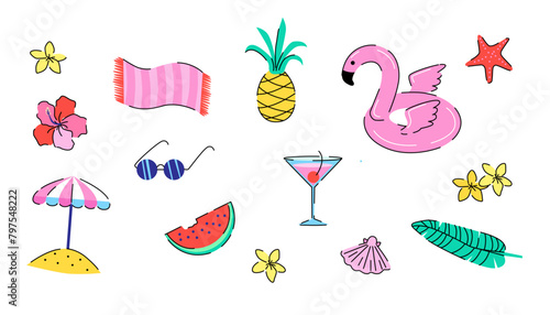 Summer vacation icons set with flamingo float, fruits, and beach accessories on a white background. Summer holiday and travel vector illustration set. 