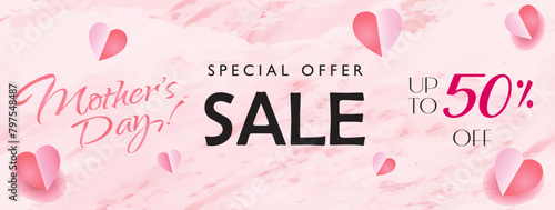 Sale banner Mother's Day gift card for best mom. Beautiful rose chamomile flowers and flying hearts isolated on pink marble background voucher sign online shopping. Modern minimalist vector template photo