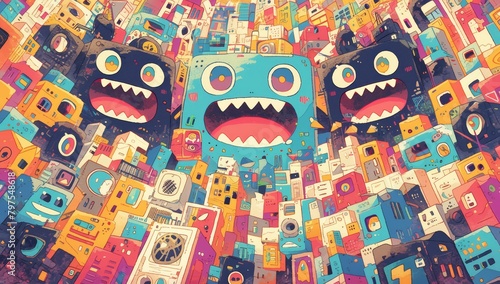 A colorful graffiti mural of three cartoon faces with big eyes and wide open mouths, surrounded by various elements such as circuit boards, wires