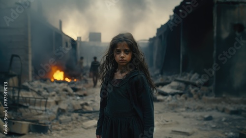 Political conflict. Destroyed buildings background. Terrible tragic war concept. Global crisis. Young people suffer. Poor little girl at city look camera. Sad dirty orphan child. photo