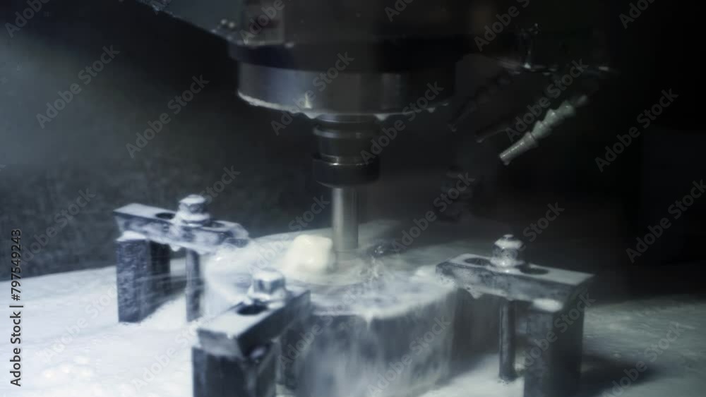 Precision CNC tapping drill in action on metal part. Automated machining process, fabricates component with accuracy. Industrial cutting tool creates threaded hole. Manufacturing, metalwork close-up. Precision CNC tapping drill in action on metal part. Automated machining process, fabricates component with accuracy. Industrial cutting tool creates threaded hole. Manufacturing, metalwork close-up.
