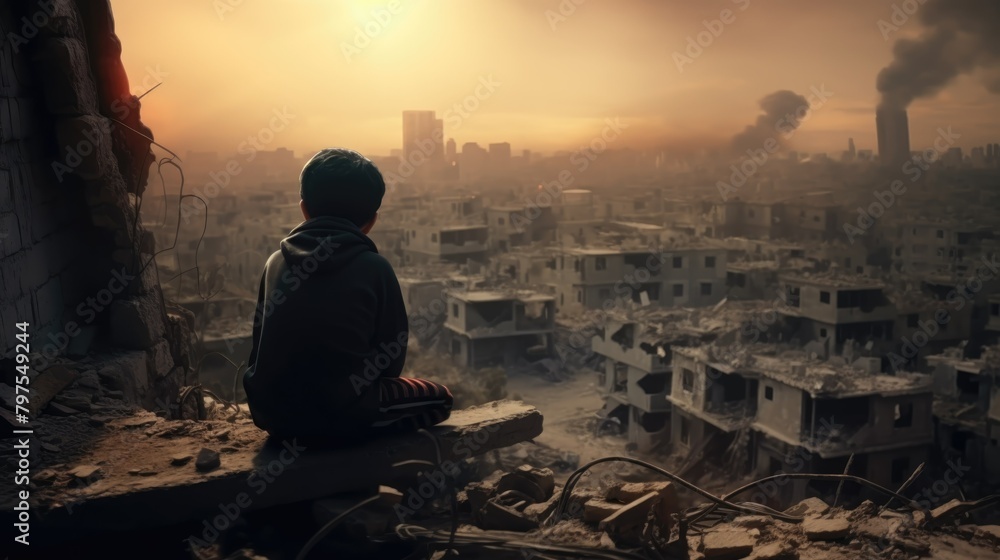 Political conflict. Destroyed buildings background. Terrible tragic war concept. Global crisis. People suffer. Bombed ruined houses. City streets after rocket bomb explosion. Political conflict. Destroyed buildings background. Terrible tragic war concept. Global crisis. People suffer. Bombed ruined houses. City streets after rocket bomb explosion.