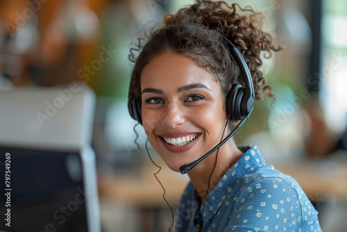 In a customer support office, a cheerful American call center agent, wearing a headset, assists a client. A professional telemarketing operator uses a laptop in a candid conversation.
