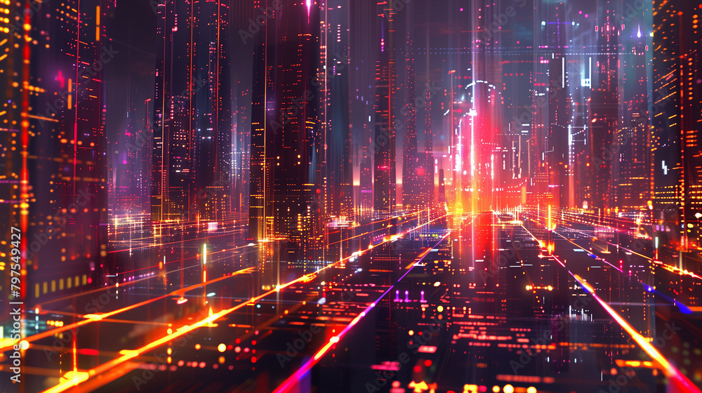 A cityscape with a red light in the middle. The city is lit up with neon lights and the sky is dark