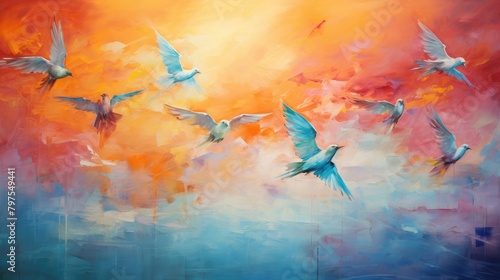 An abstract and expressive representation of a flock of birds flying in a colorful sky