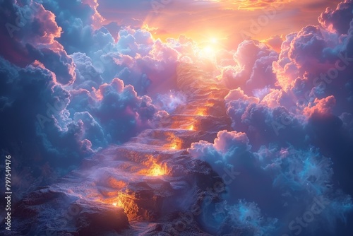 Stone steps Stairway to heaven in heavenly concept. Religion background. Stairway to paradise in a spiritual concept. Stairway to light in spiritual fantasy. Path to the sky and clouds. God light.