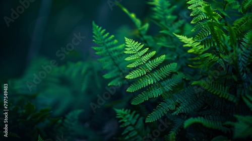 natural green fern background. dark mood wallpaper, © AriyaniAI