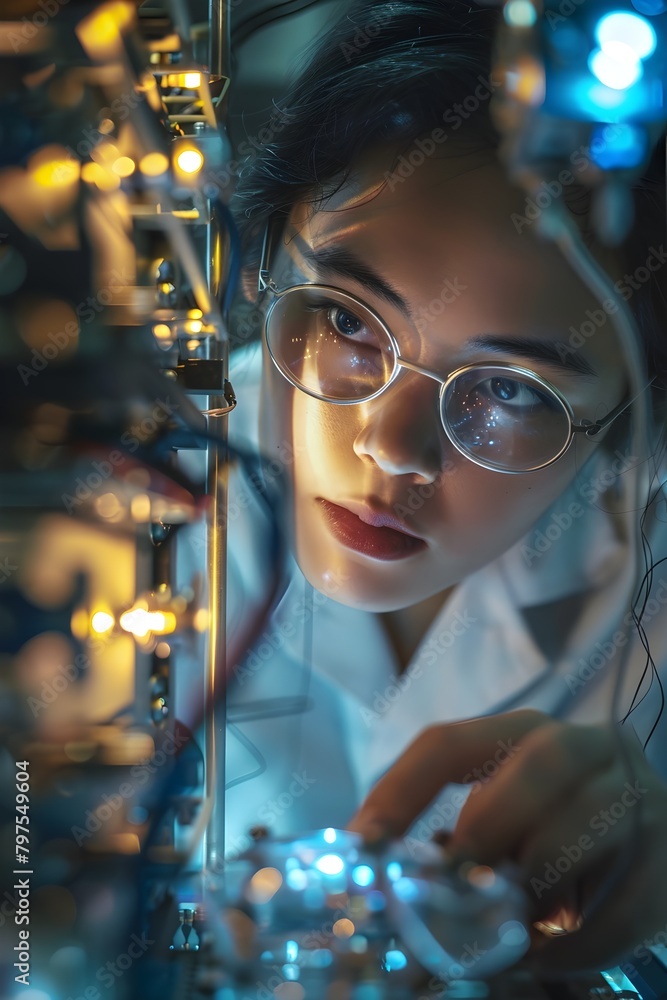 Focused Scientist Conducting Quantum Computing Experiment in Controlled Laboratory Environment Focused Scientist Conducting Quantum Computing Experiment in Controlled Laboratory Environment