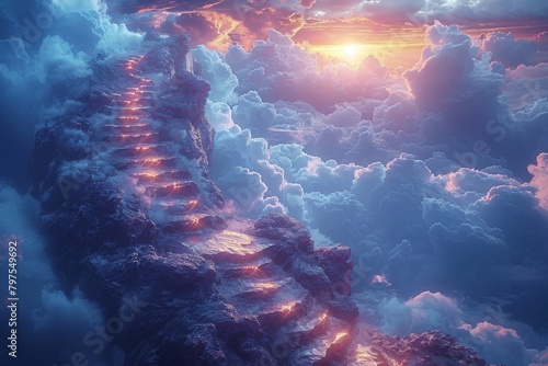 Stone steps Stairway to heaven in heavenly concept. Religion background. Stairway to paradise in a spiritual concept. Stairway to light in spiritual fantasy. Path to the sky and clouds. God light.