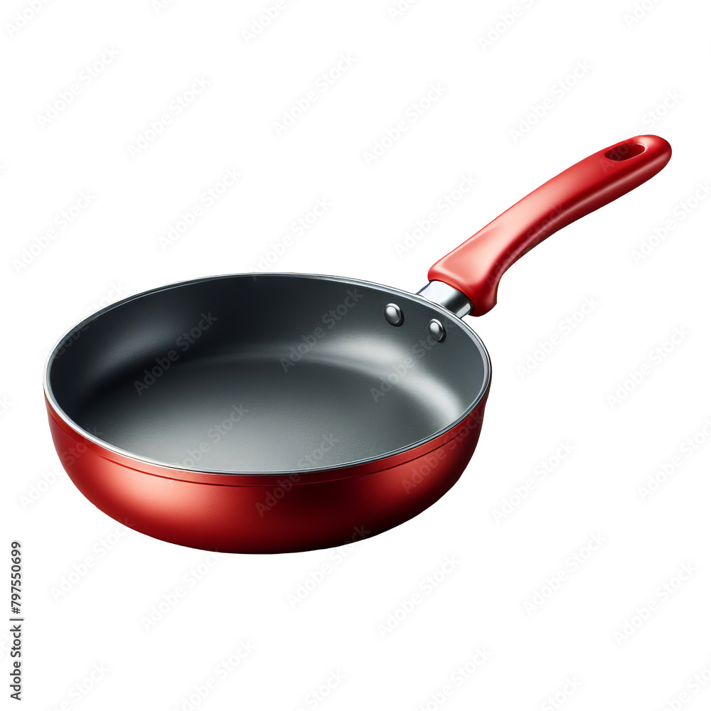Transparent image of a frying pan cookware with a red handle and red base coating Transparent image of a frying pan cookware with a red handle and red base coating