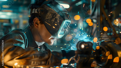 Amidst the industrial setting. a man equipped with state-of-the-art goggles and a safety helmet is performing welding tasks