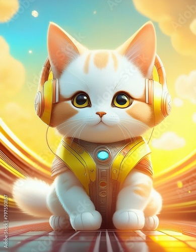 ヘッドホンで音楽を聴く猫