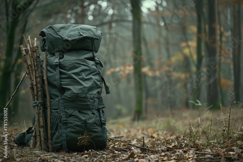 Durable green sports backpack filled with picnic supplies in forest.