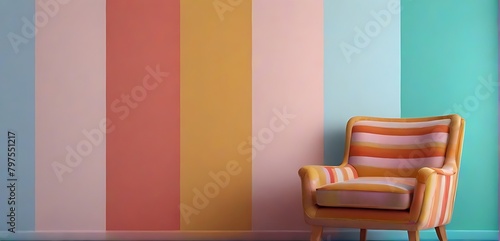  Pastel multi-color vibrant groovy retro striped background wall frame with bright armchair interior home design