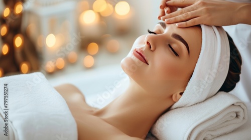 woman's face receiving beauty treatment and massage in a spa