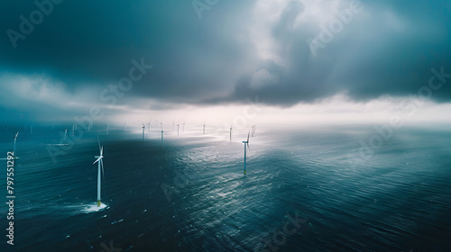An aerial view of an offshore wind farm in the North Sea. with white and blue hues