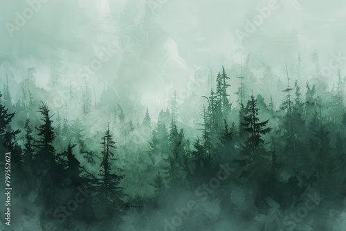 Misty evergreen forest with silhouetted trees under a grey cloudy sky © Alexei