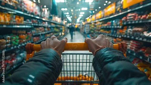 A Person pushing a shopping cart, grocery store aisle, everyday life, focus on hands and cart photo