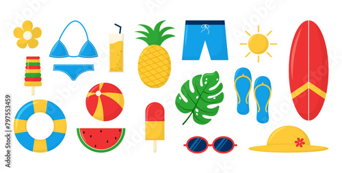 set of summer icon vacation beach stickers journal planner illustration