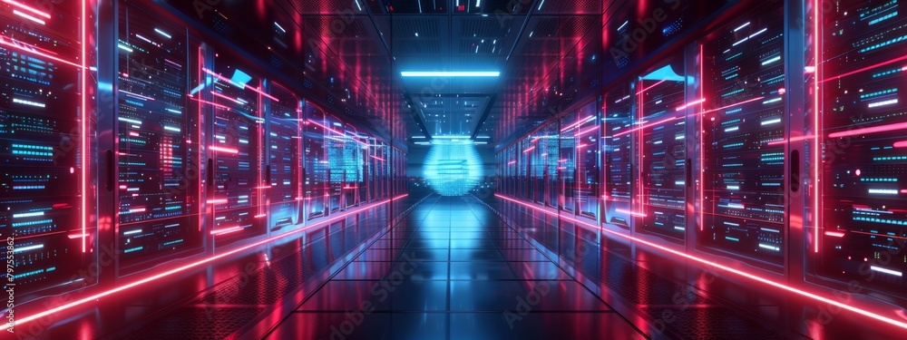 A futuristic data center with sleek, glowing server racks and holographic displays showcasing real-time data analysis. 8k, ultra details.