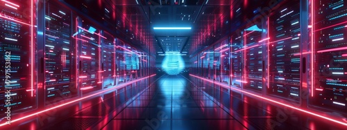 A futuristic data center with sleek, glowing server racks and holographic displays showcasing real-time data analysis. 8k, ultra details. © Usman