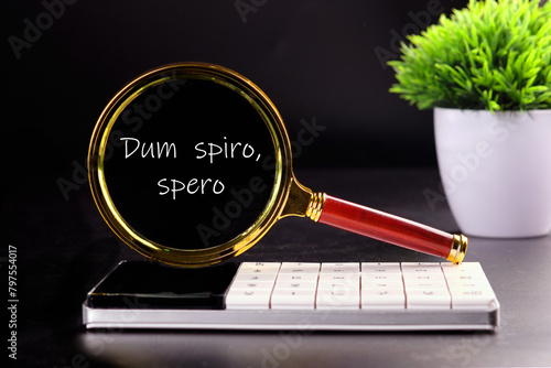 Dum Spiro Spero - latin phrase means While I Breath, I Hope. through a magnifying glass on a black background with green grass in the background photo