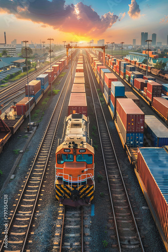 Global business of Container Cargo freight train for Business logistics concept, Air cargo trucking, Rail transportation and maritime shipping
