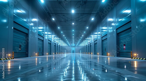 Under the ceiling of a modern warehouse, shopping center building, office or other commercial property there are bright LED lights that point in various directions.