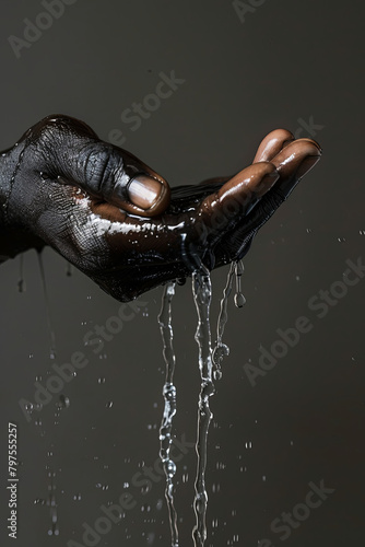 Climate Change Symbol: Handful Of Water Scarsity for Africa Symbol. Hand of an African black boy with water pouring from a tap photo