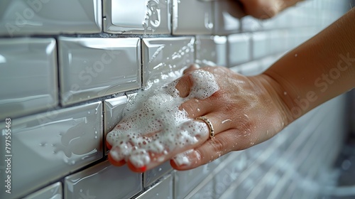 The stage of facing the kitchen wall with white ceramic tiles requires worker hands to test the levelness of the wall. photo