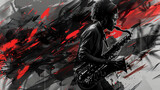 Dynamic red and black illustration of a young saxophonist, with a metallic sheen on the saxophone against an abstract backdrop.