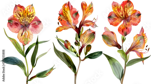 Set of alstroemeria flowers watercolor isolated on white or transparent background png cutout