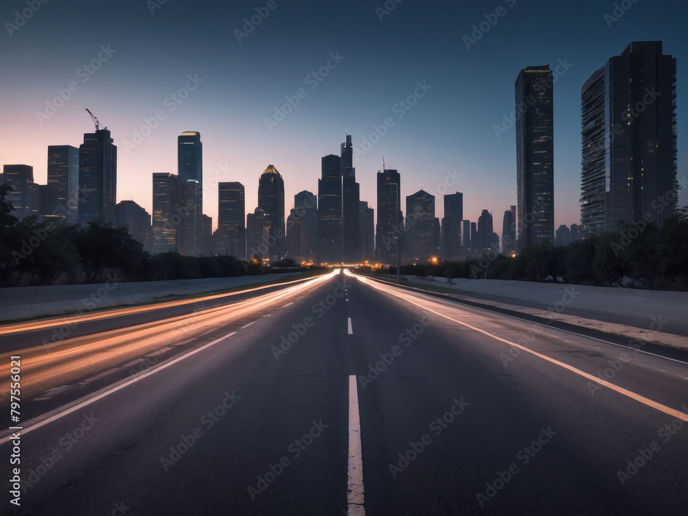 Empty asphalt road leading through urban skyline at dusk.