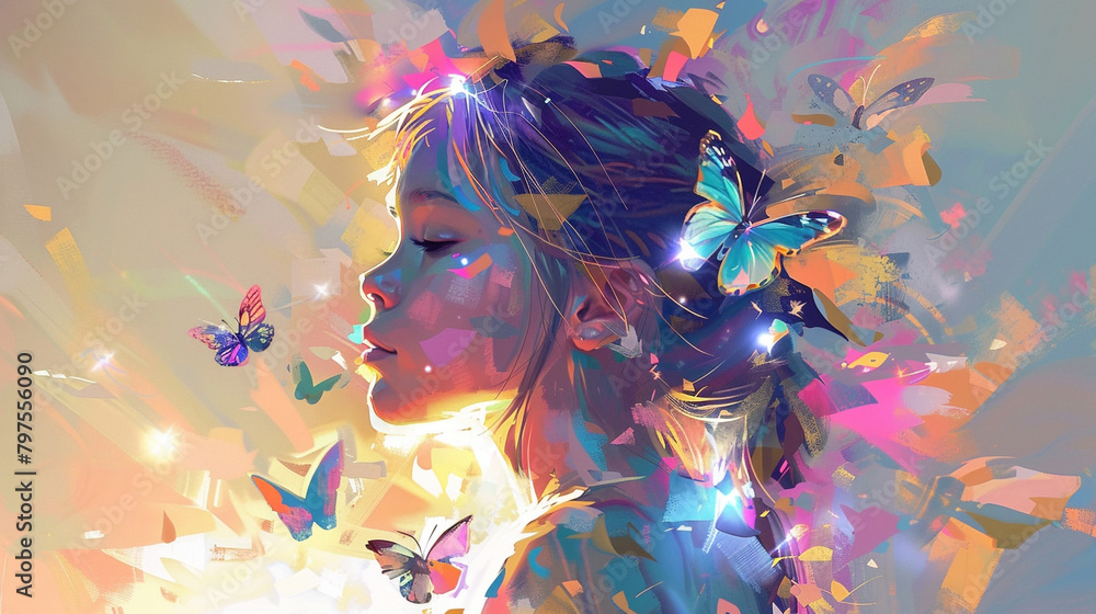 Girl in an oil painting with fauvism colors and butterflies, using digital art techniques.
