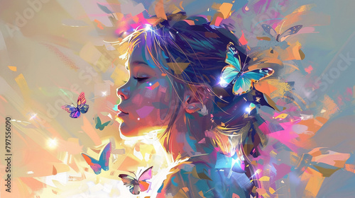 Girl in an oil painting with fauvism colors and butterflies, using digital art techniques. photo
