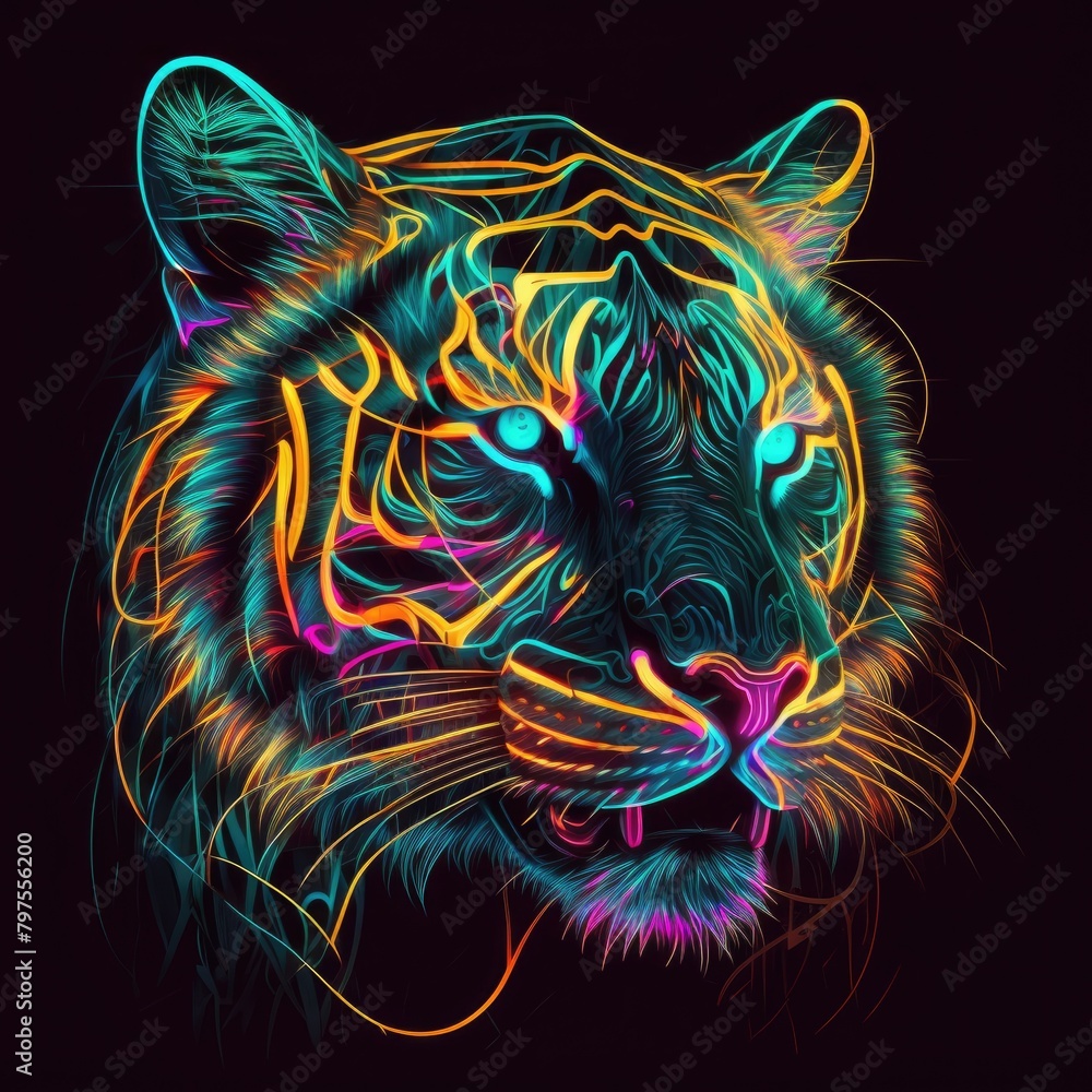a closeup abstract tiger with intricate details and neon-colored patterns, an abstract neon design of a glowing, set against a dark, abstract background, AI Generative a closeup abstract tiger with intricate details and neon-colored patterns, an abstract neon design of a glowing, set against a dark, abstract background, AI Generative
