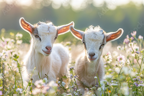 Two little funny baby goats playing in the field with flowers. Farm animals
 photo