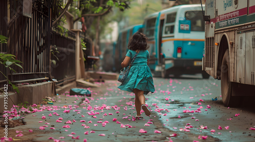 an Indian girl in teal dress and grey sling bag rushing down the street towards the dance studio. pink petals on both sides of her with some bamboos and apartments in the vista photo