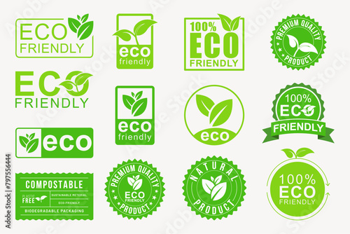 Green eco labels sticker design set of eco friendly labels design