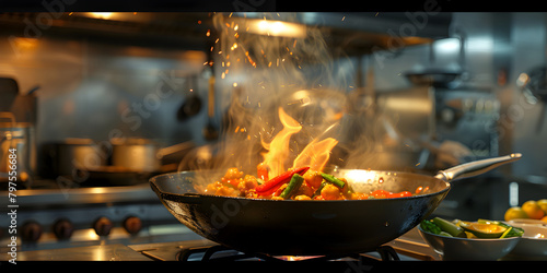 Chef in hotel or restaurant kitchen cooking . Mid section of chef tossing stir fry over large flame in commercial kitchen.   © Mohsin