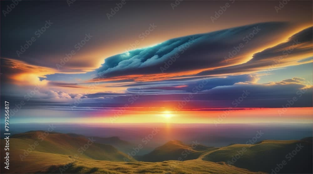 Mountain Glow: Sunset and Sunrise Paint the Sky in Shades of Orange, Blue, and Red, Creating a Dramatic Landscape Under the Summer Evening Light Mountain Glow: Sunset and Sunrise Paint the Sky in Shades of Orange, Blue, and Red, Creating a Dramatic Landscape Under the Summer Evening Light