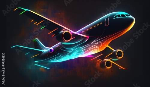 futuristic airplane with sleek lines and colorful lights, set against a dark, abstract background, abstract neon design of a glowing