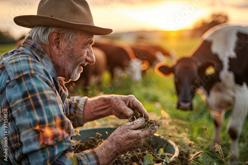 Mature farmers feeding cows on field at sunset
 photo